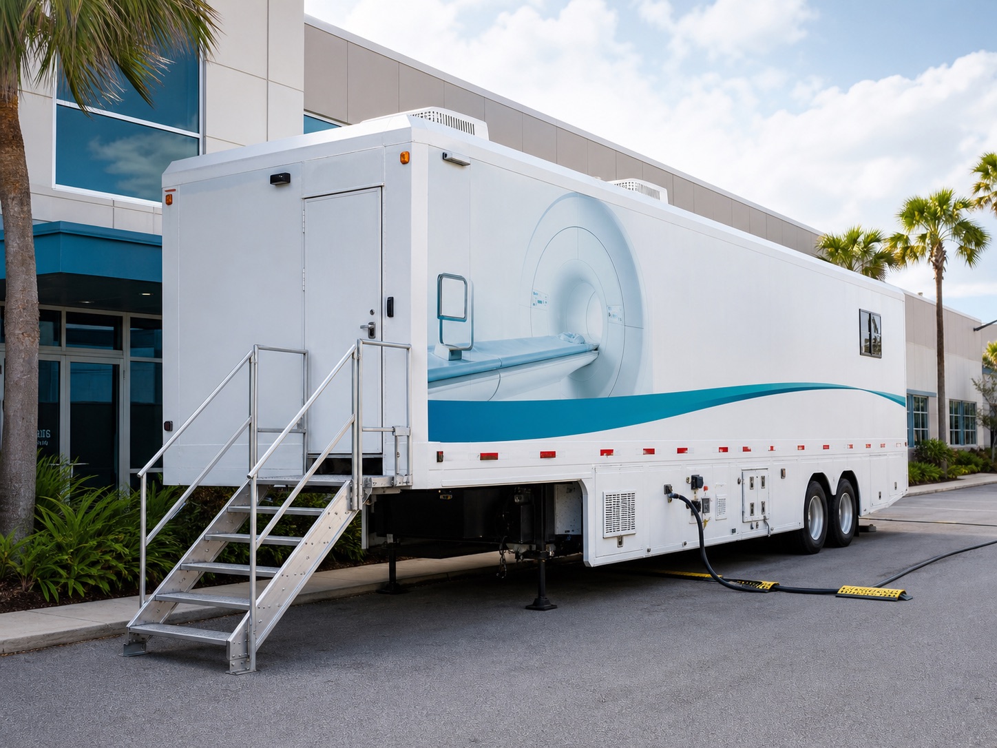 Mobile MRI trailer parked outside a medical facility
