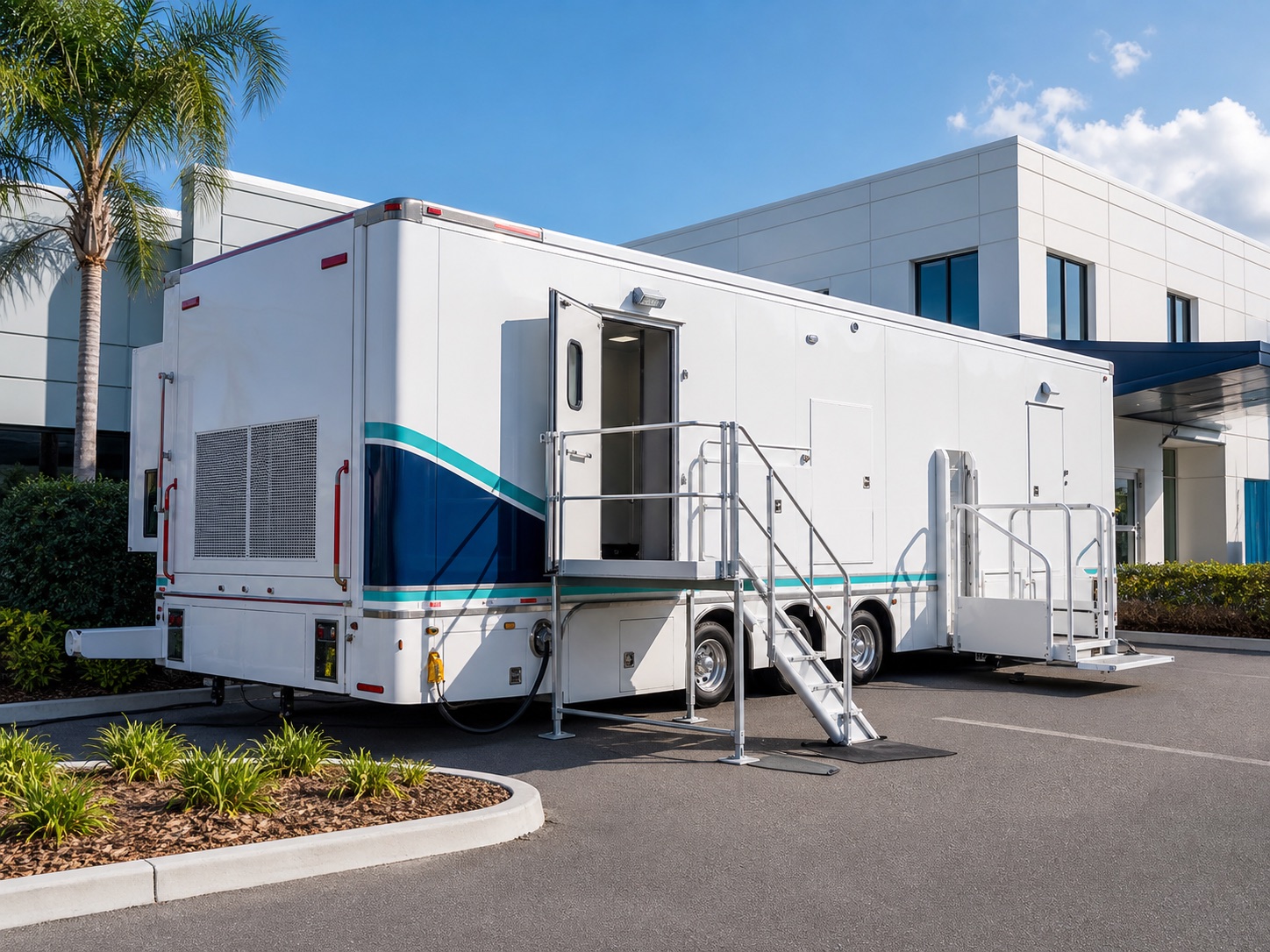 Mobile MRI trailer with entry platform at a medical facility