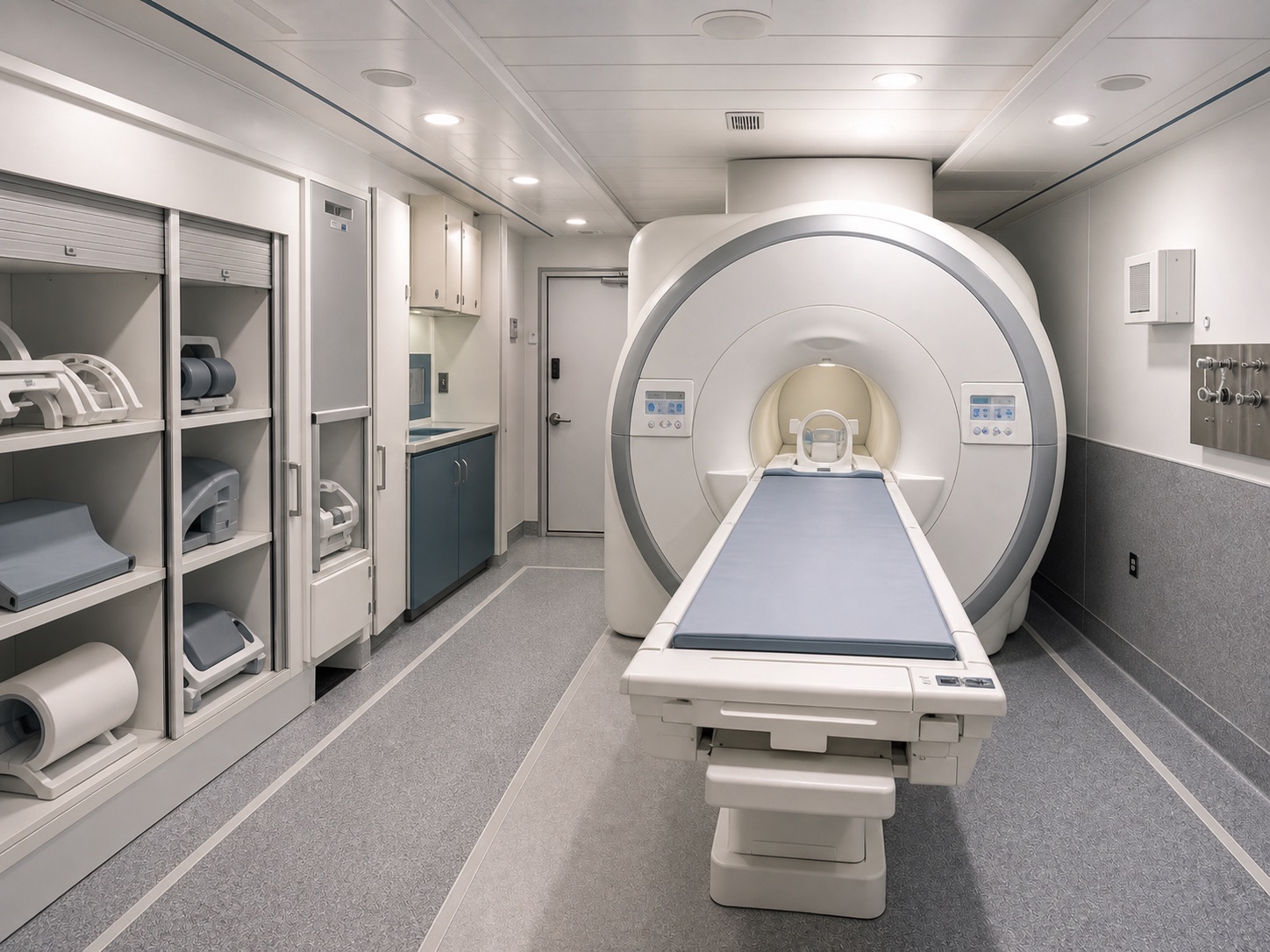 Interior of a mobile MRI trailer with MRI scanner and patient table